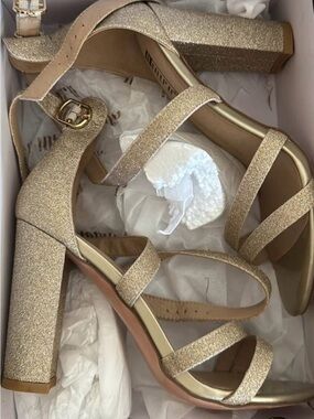 Gold Glitter Block Heel Sandals - Women's Dress Heels